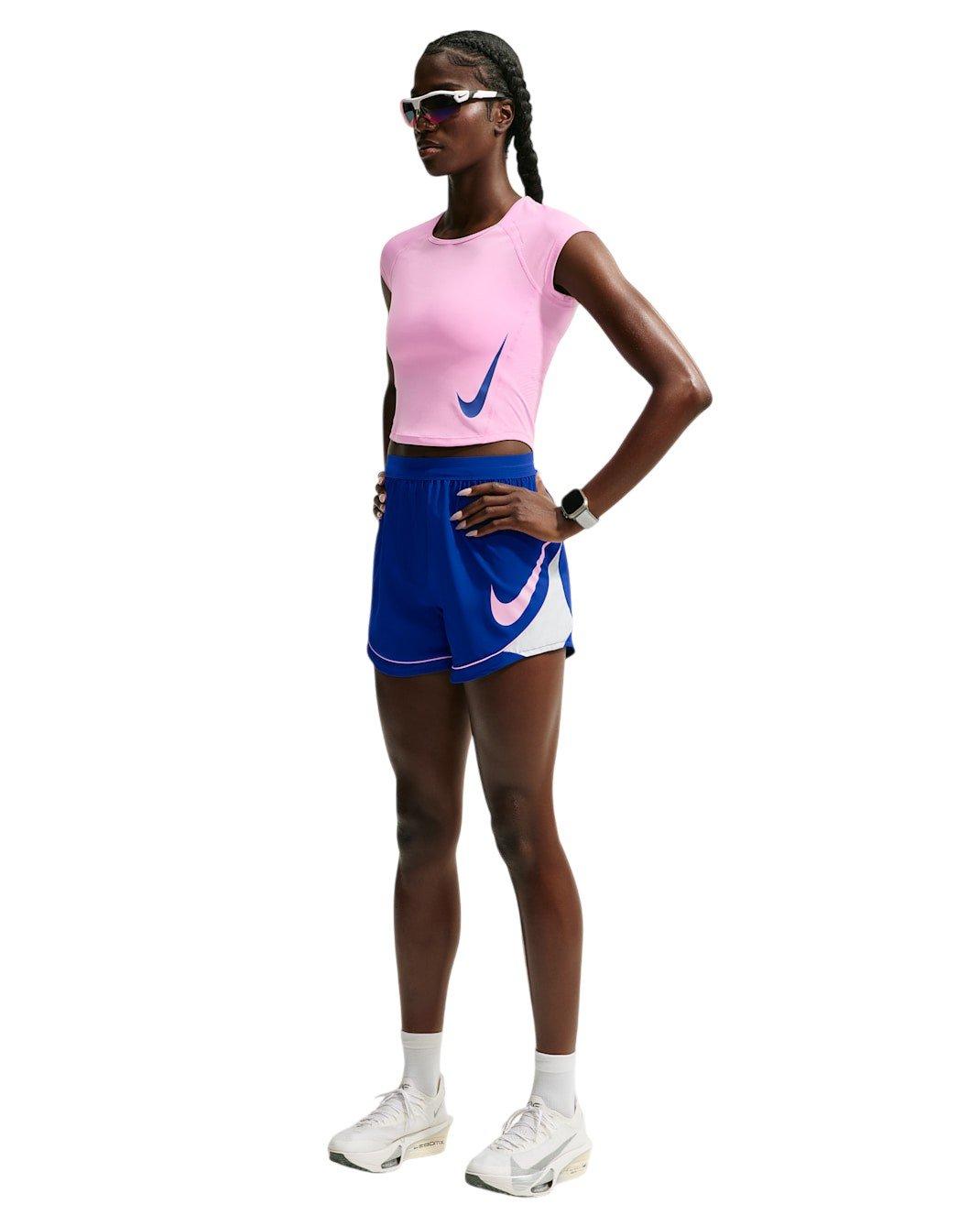 Nike Women's Swoosh Dri-FIT Mid-Rise Unlined Running Shorts - Blue/Grey/Pink - BLUE/GREY/PINK